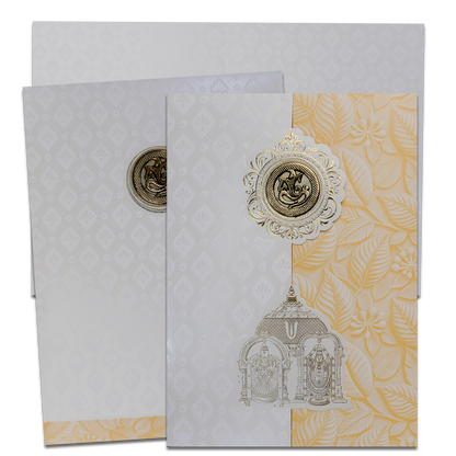 White Pastel Yellow Ganesha Temple Wedding Card-KNA2401Y