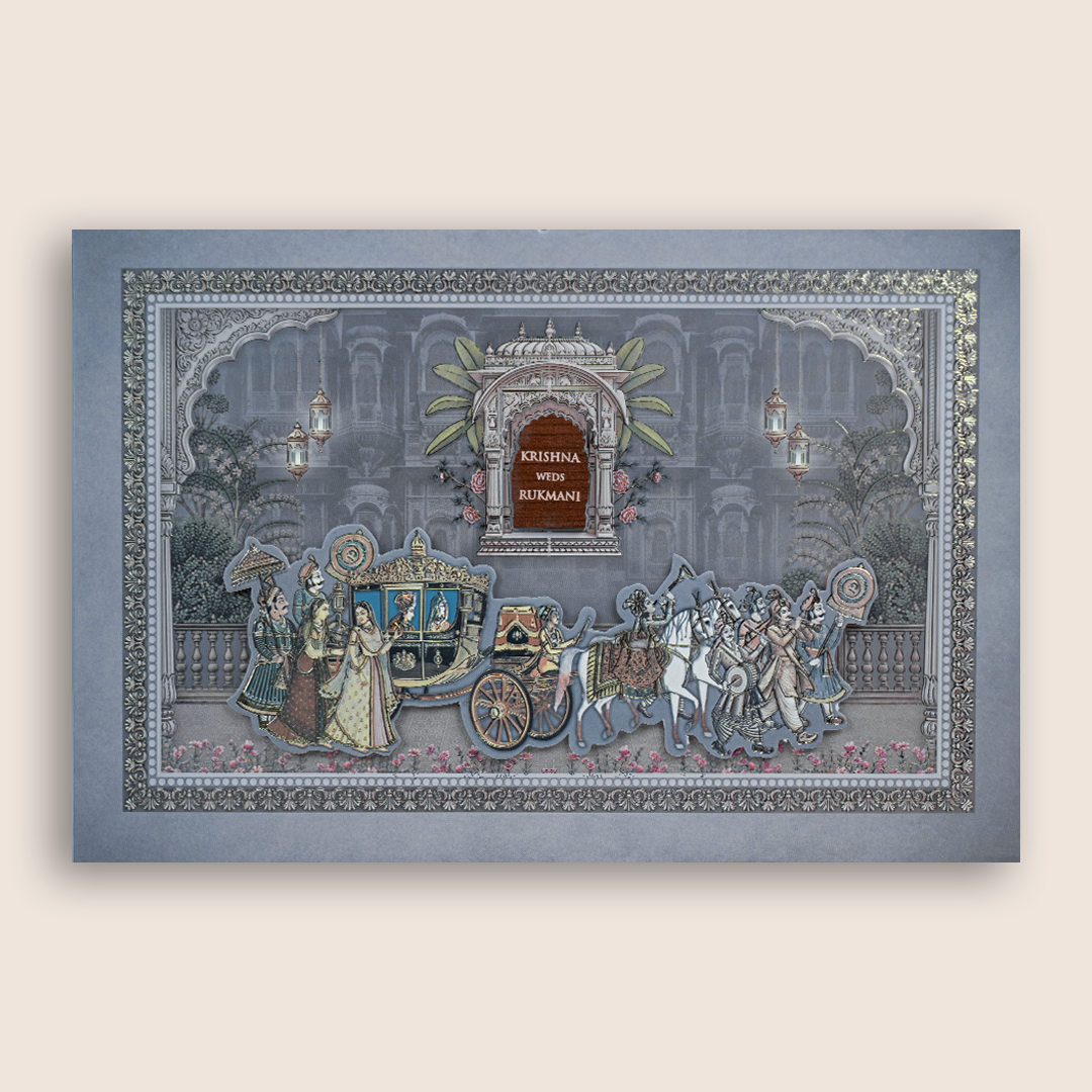 Grey Horse Chariot Padded Wedding Invitation Card - KJTS1926