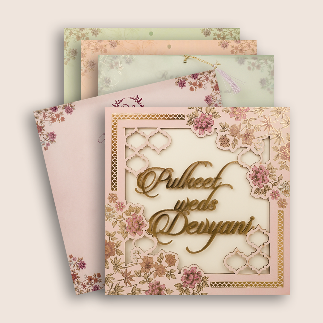 Pink Floral MDF Laser Cut Invitation Card - KJTS1747