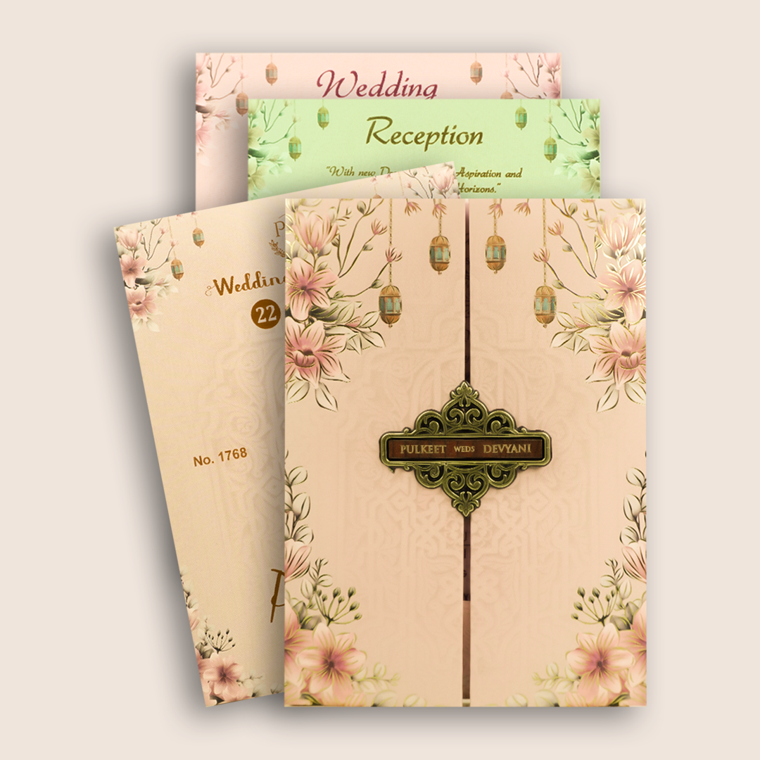 Pastel Pink Floral Padded Door Style Invitation Card - KJTS1768
