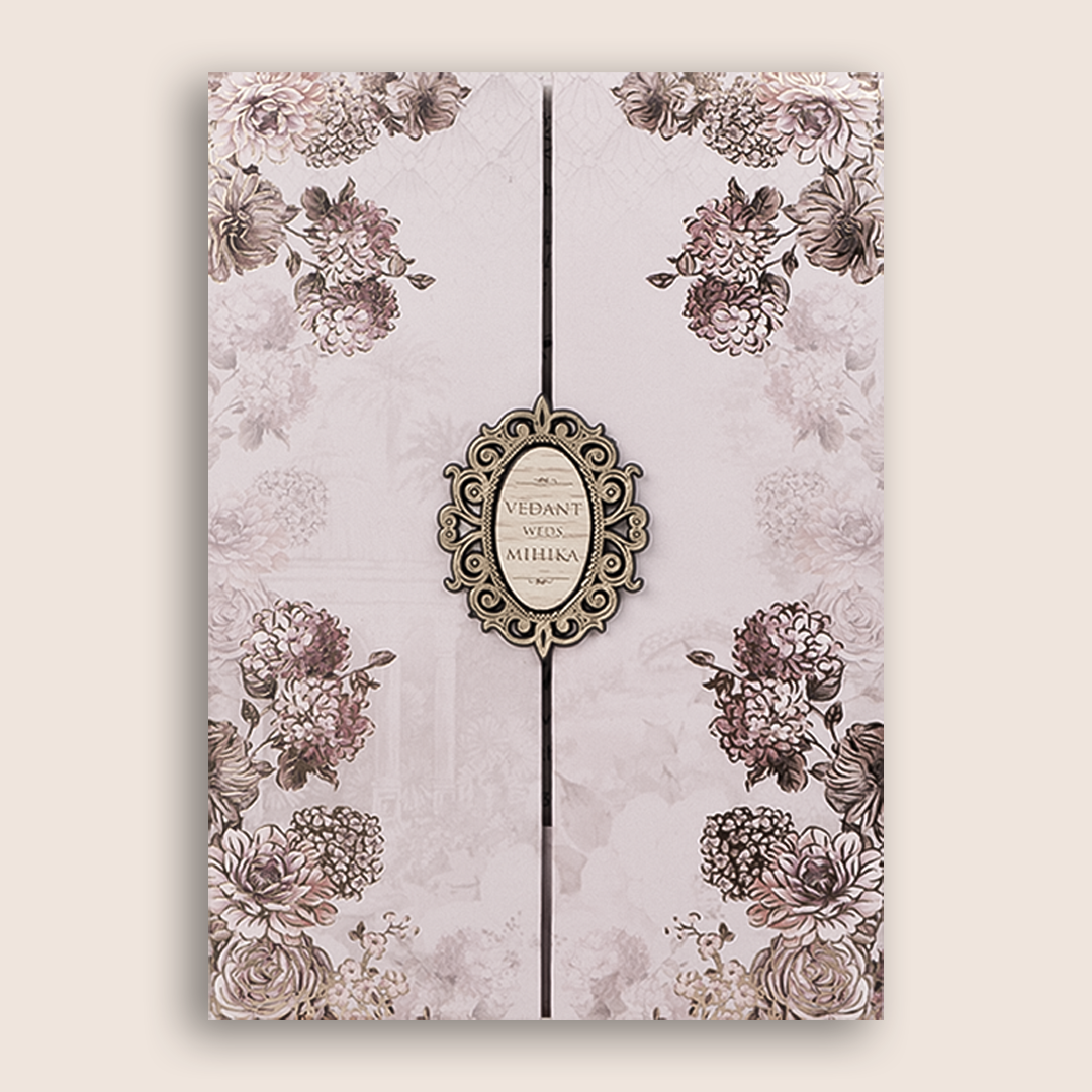 Lavender Floral Padded Door Style Wedding Card - KVN07060