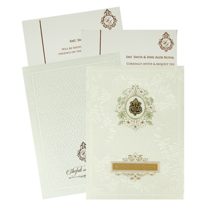 White Ganesha Embossed Padded Wedding card-KRE28190