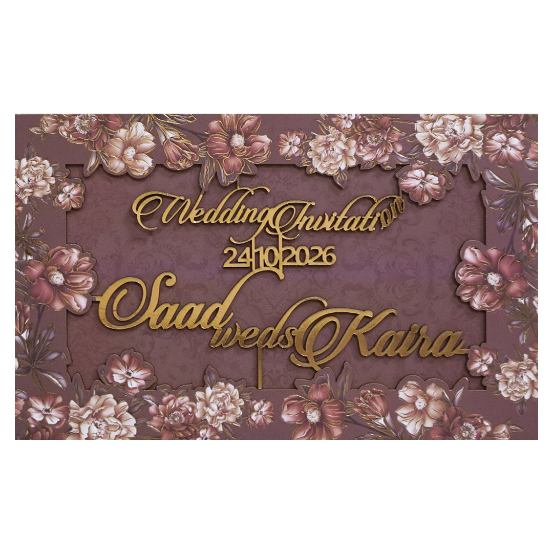 Brown Floral Foiled Script Wedding Invitation Card - KVN07750