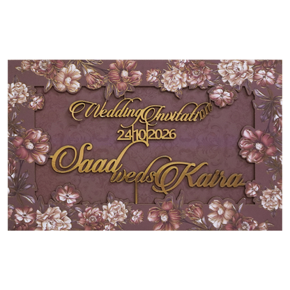 Brown Floral Foiled Script Wedding Invitation Card - KVN07750