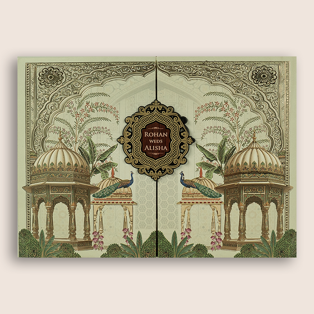 Light Grey Jharokha Door Style Padded Wedding Card - KFR17370