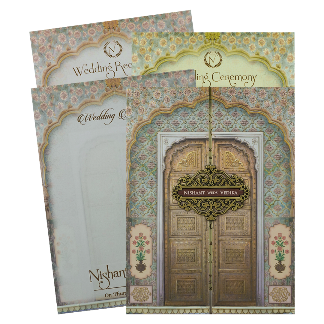 Royal Arch Palace Door Padded Wedding Card-KRE27890