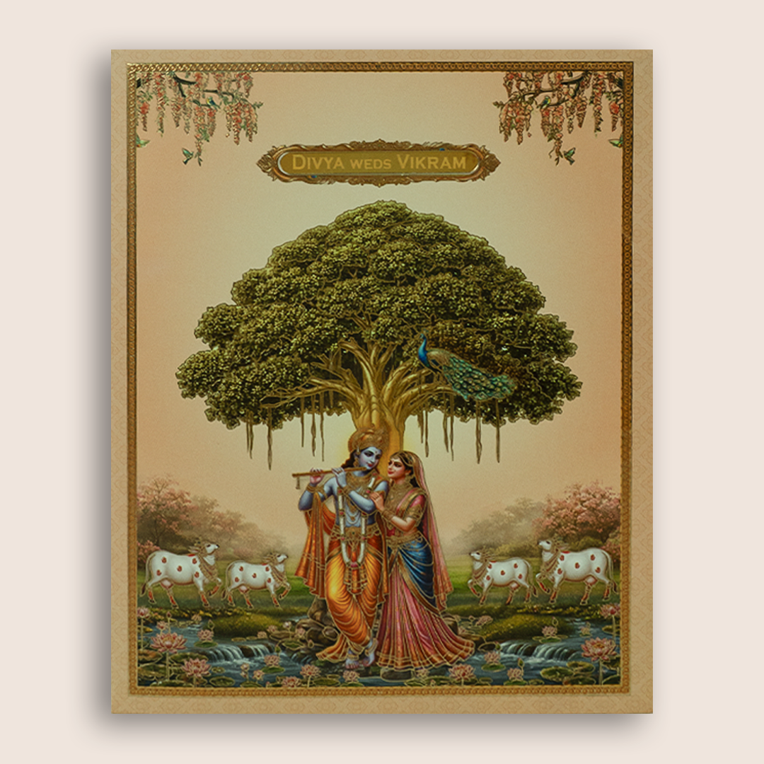 Orange Lord Radha Krishna Wedding Invitation Card - KNKC6209