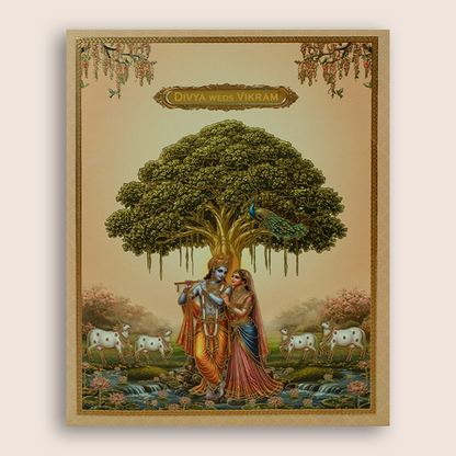 Orange Lord Radha Krishna Wedding Invitation Card - KNKC6209