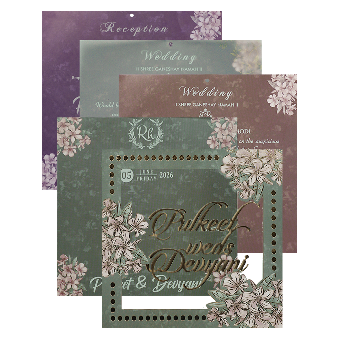 Green Floral Window Laser Cut Padded Wedding Card-KJTS1701