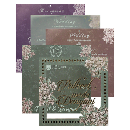 Green Floral Window Laser Cut Padded Wedding Card-KJTS1701
