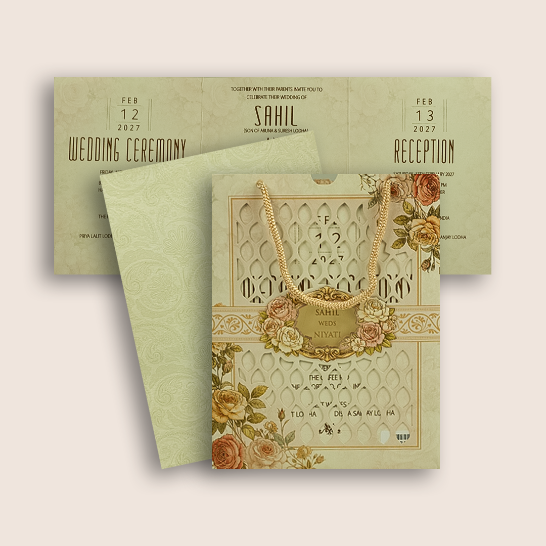 Cream Floral Laser Cut Bag Style Wedding Card - KPR07170
