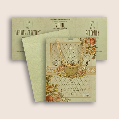 Cream Floral Laser Cut Bag Style Wedding Card - KPR07170