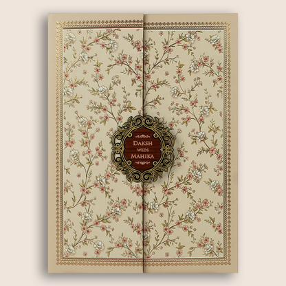Pastel Peach Floral Door Style Padded Wedding Invitation Card - KSH18580