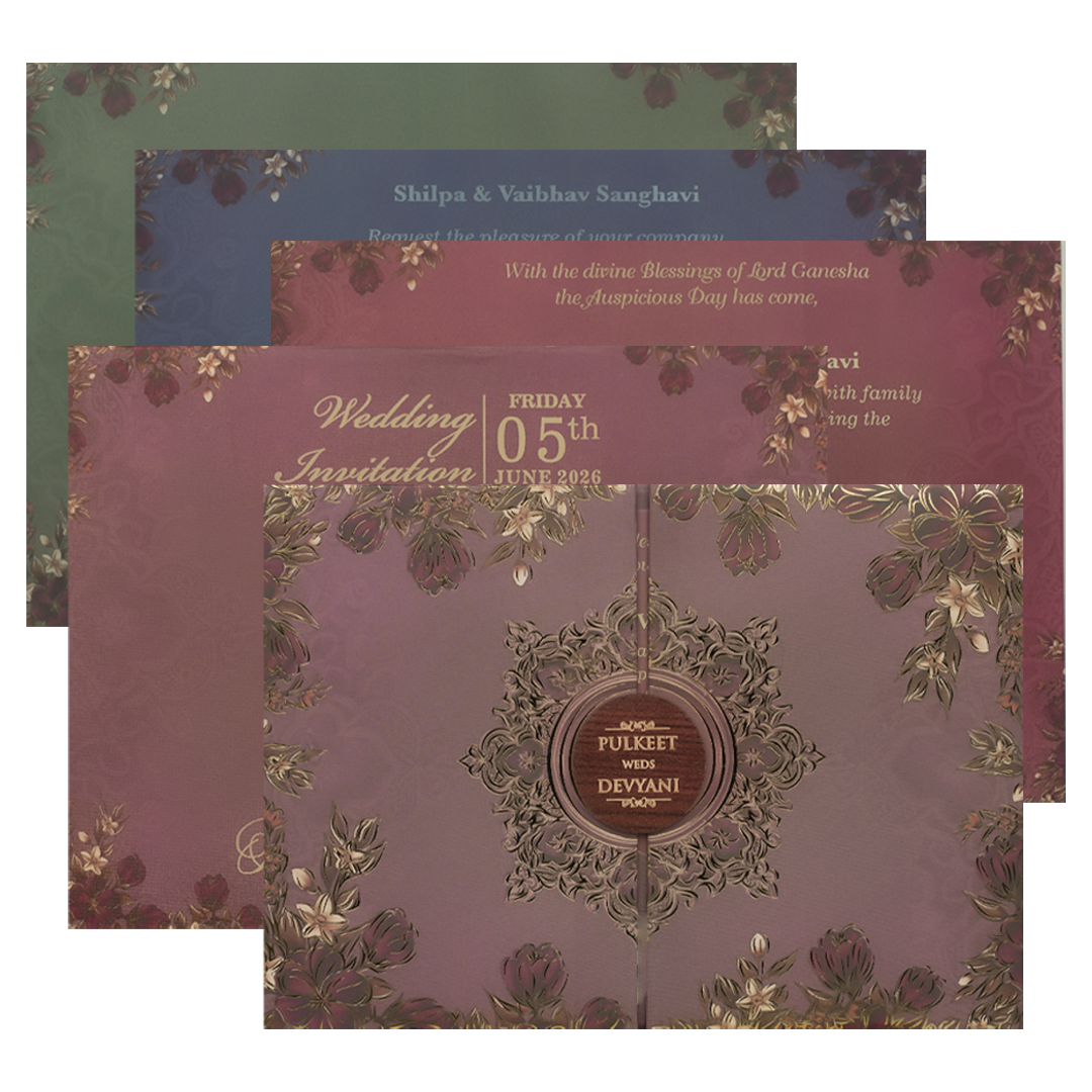 Check out Voilet Floral Gold Padded Wedding Card at best price.✅WhatsApp Support ✅Express Delivery.|King of cards.