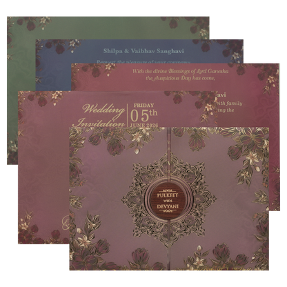 Check out Voilet Floral Gold Padded Wedding Card at best price.✅WhatsApp Support ✅Express Delivery.|King of cards.