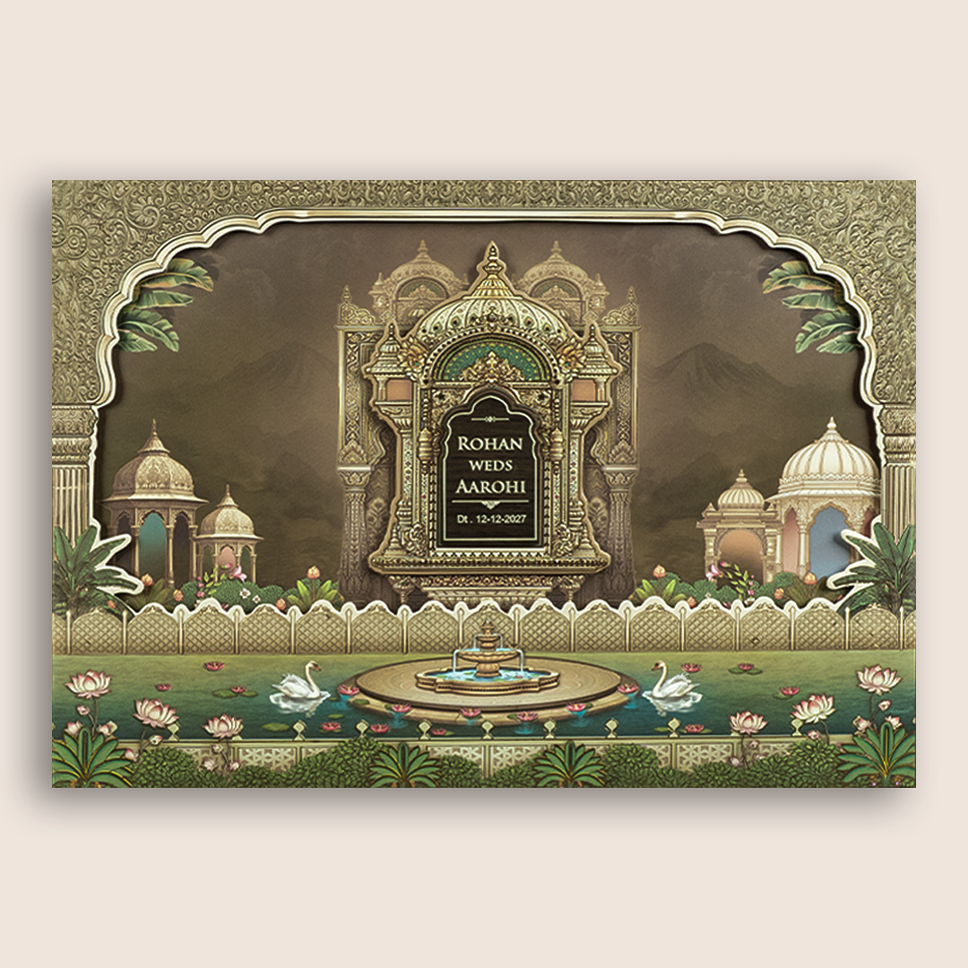 Pale Brown Jharokha Padded Wedding Invitation Card - KSH18250