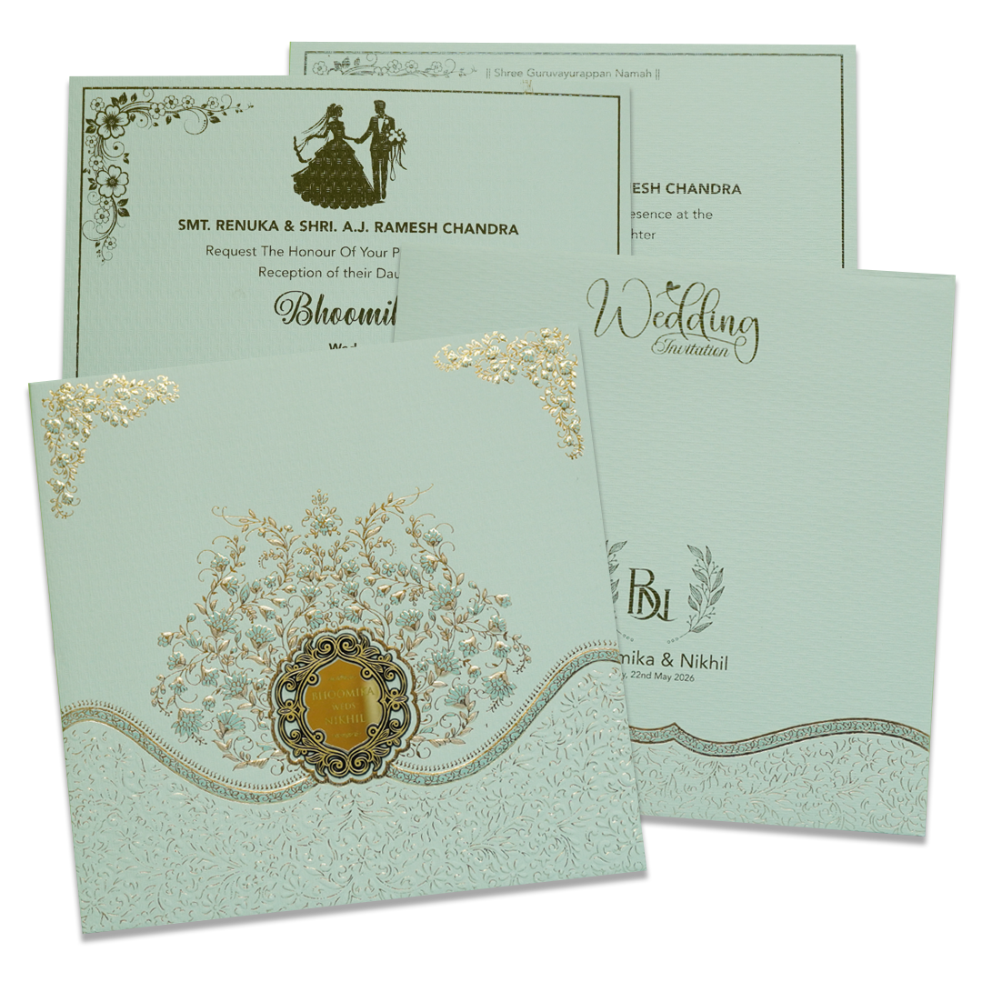 Green Floral Embossed Padded Wedding Card - KSSC2300