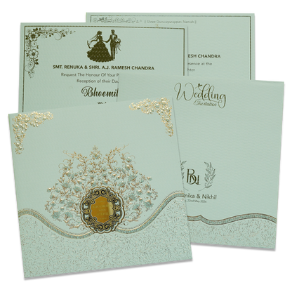 Green Floral Embossed Padded Wedding Card - KSSC2300