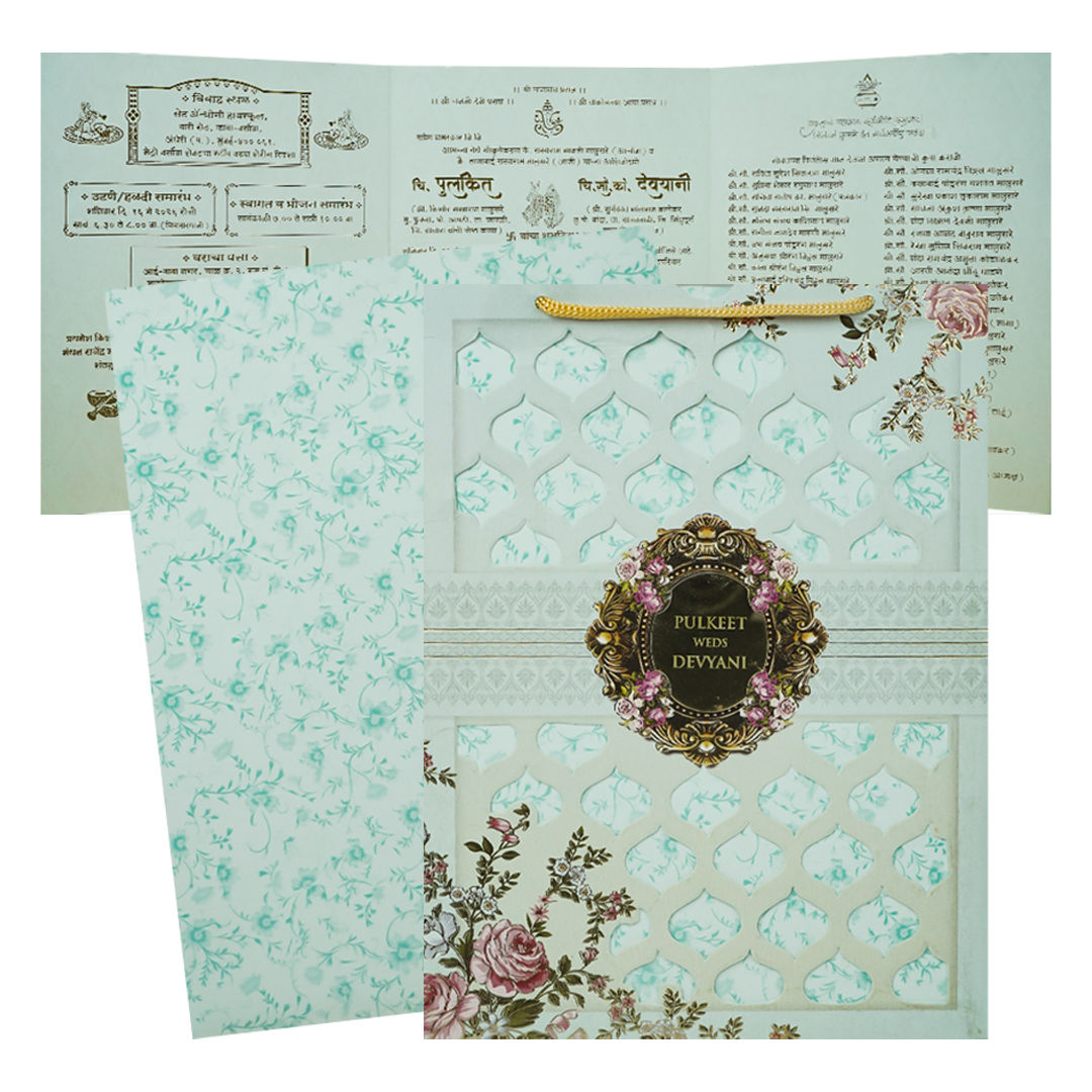 Pastel Blue Floral Jaali Bag Wedding Card-KJTS1838