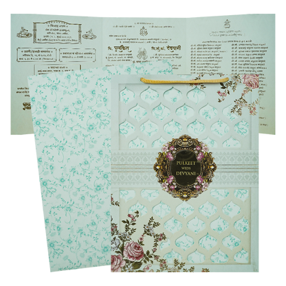 Pastel Blue Floral Jaali Bag Wedding Card-KJTS1838