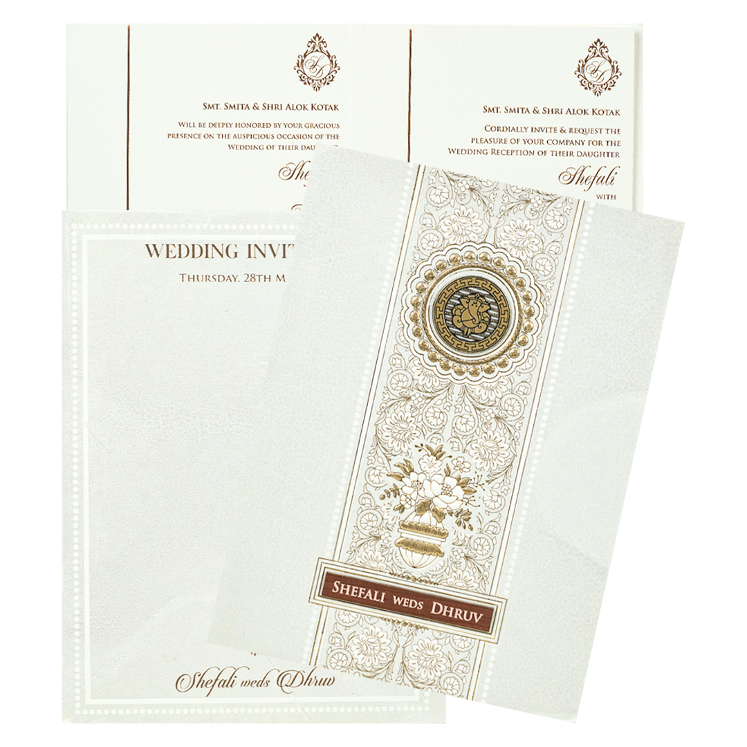 White Ganesha Floral Wedding card-KRE28480