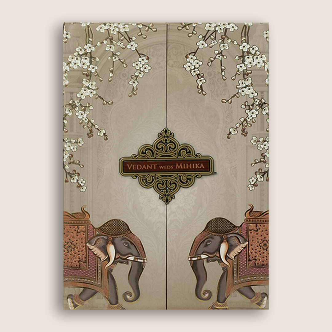 Pale Brown Royal Elephant Padded Door Style Wedding Card - KVN07050