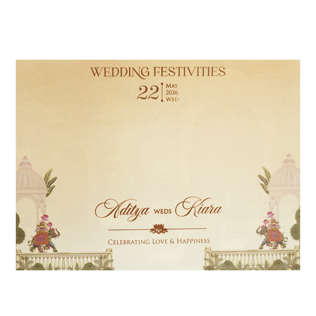 Cream Palace Elephant Procession Openable Wedding Card - KFR16430