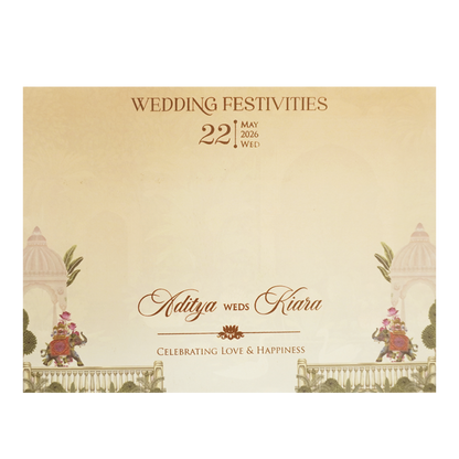 Cream Palace Elephant Procession Openable Wedding Card - KFR16430