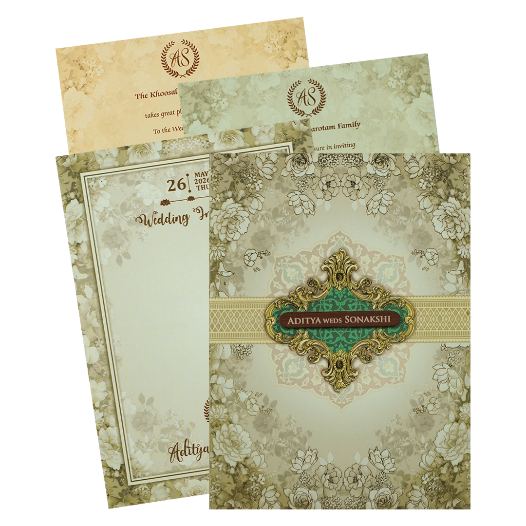 Cream Floral Padded Wedding Card-KRE27230