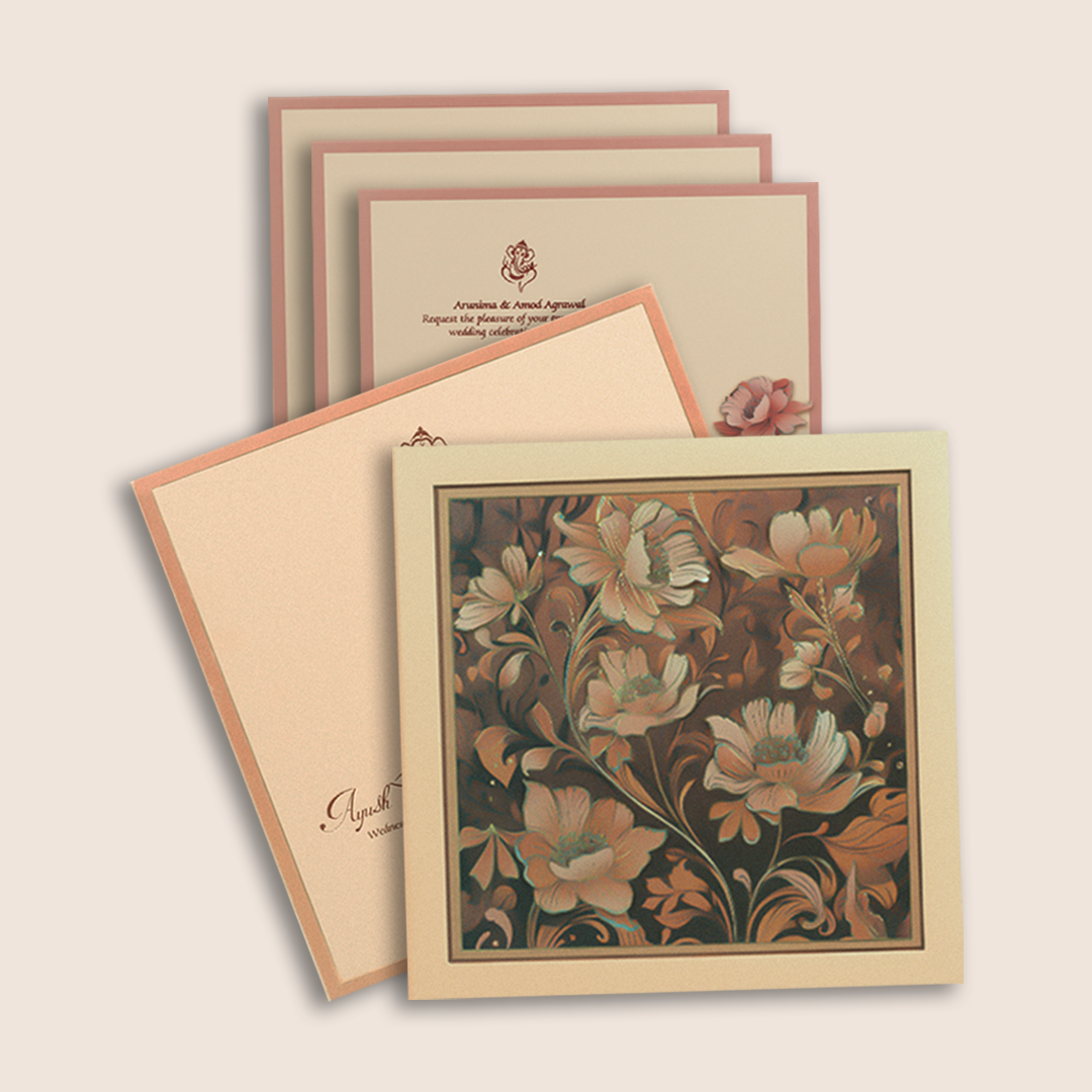 Beige Floral Laser Cut Padded Invitation Card - KPR024800