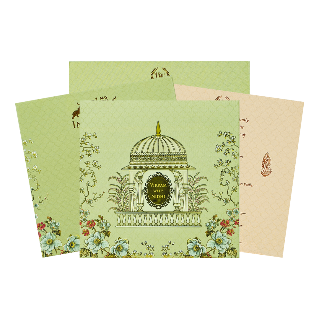 Green Gazebo Floral Elegant Padded Wedding Card-KRE27110