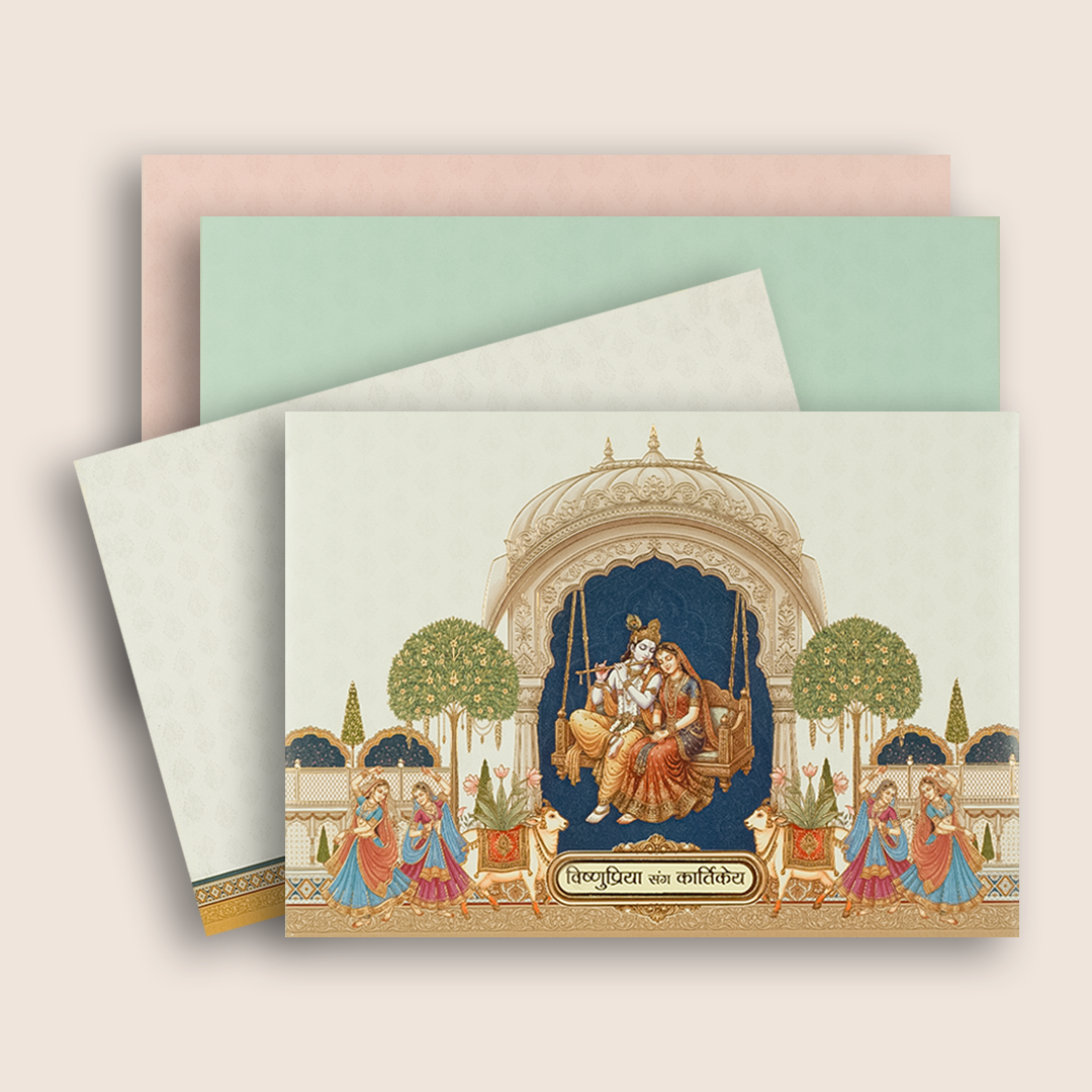 White Radha Krishna Premium Wedding Card - KAA05260