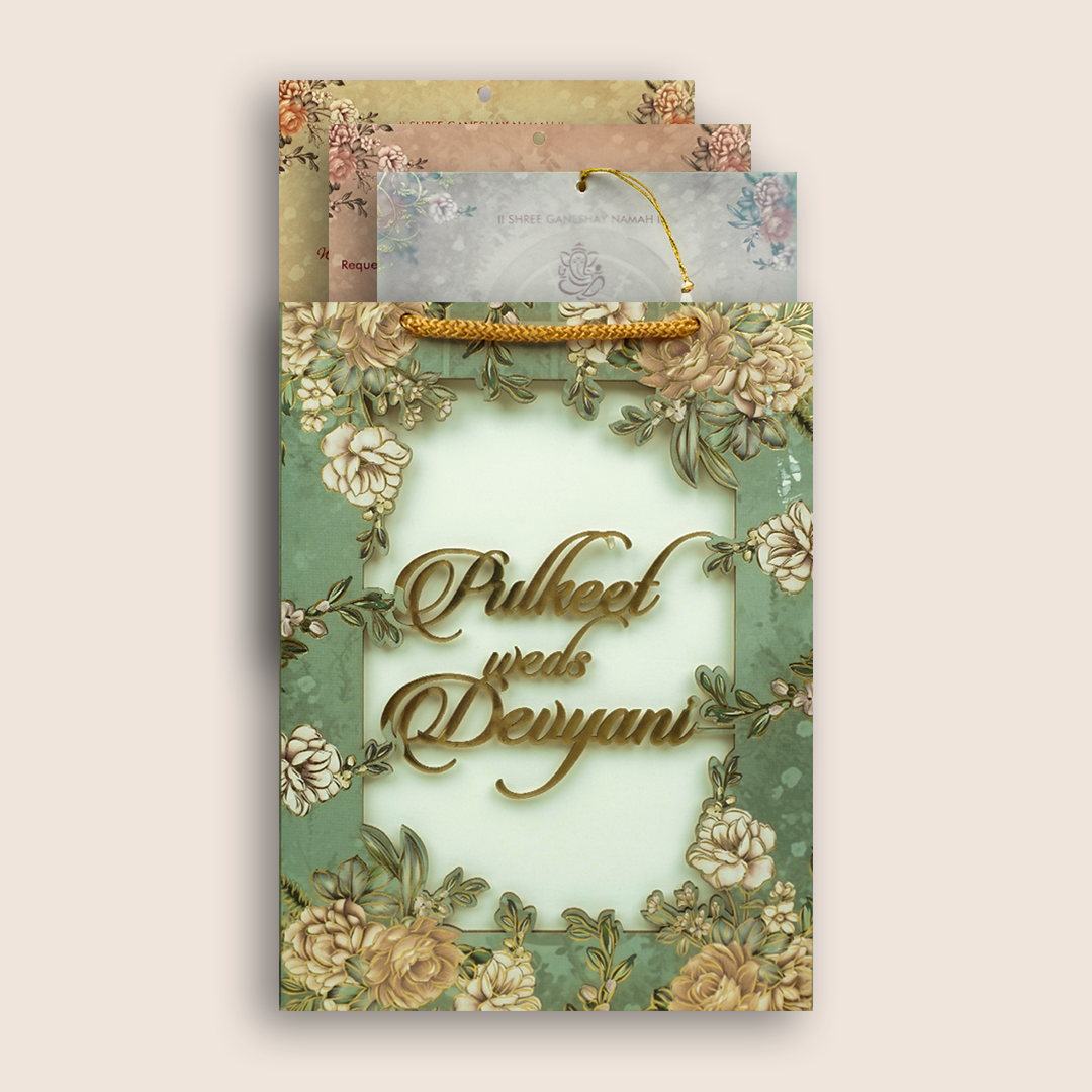 Green Floral MDF Laser Cut Bag Style Wedding Card - KJTS1807