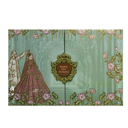 Royal Couple Lotus Arch Padded Wedding Card - KVN07370