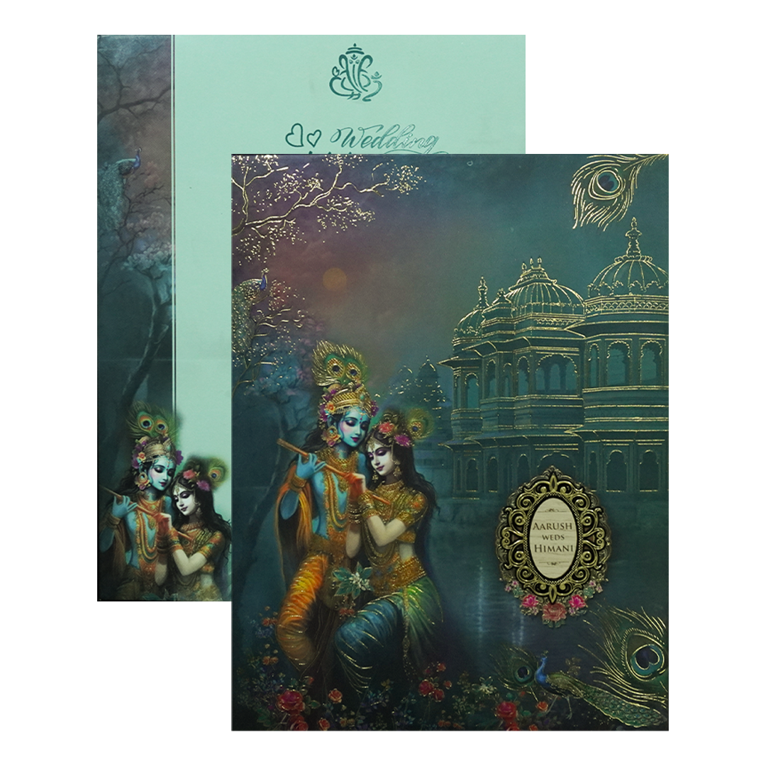 Blue Krishna Radha Padded Wedding Card-KSH72390