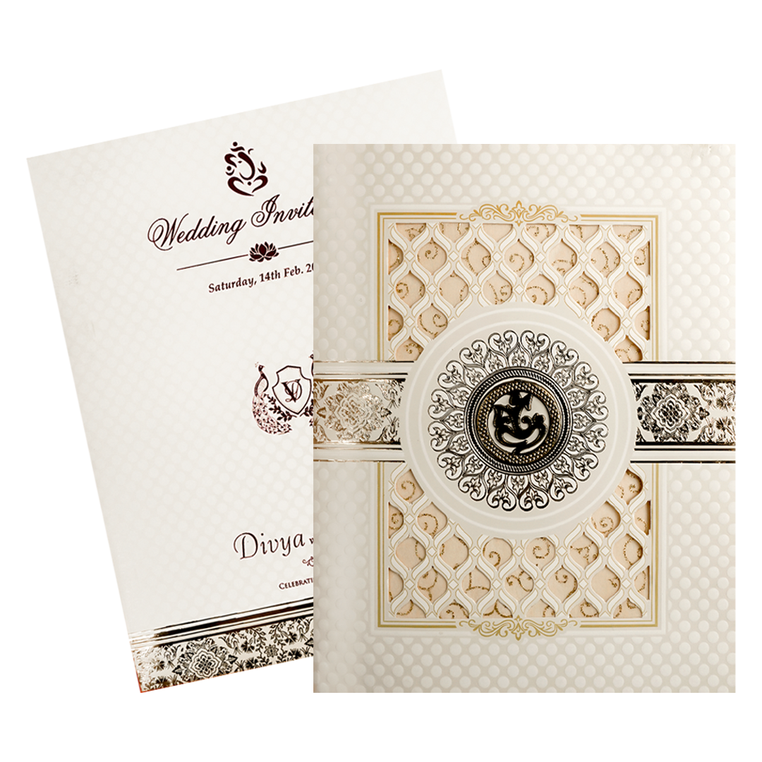 White Ganesha Laser-Cut Wedding Card-KNJS2059