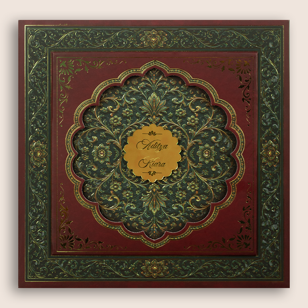 Maroon Floral Laser Cut Padded Marriage Invitation - KFR17440