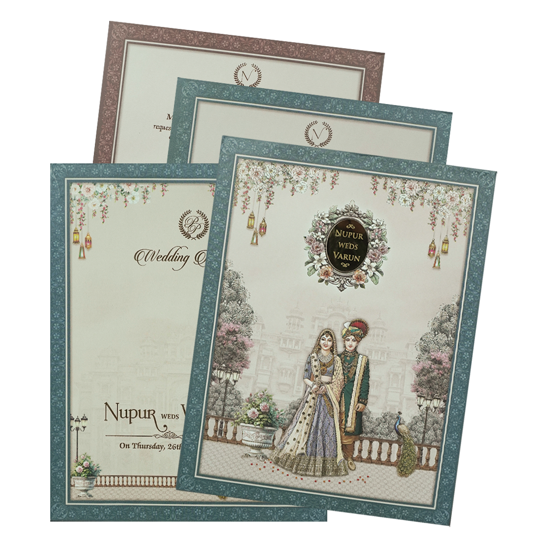 Blue Royal Couple Padded Wedding card-KRE28040