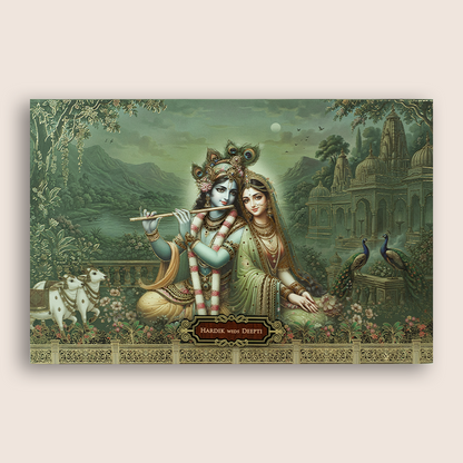 Green Lord Krishna Radha Padded Wedding Card - KSH18820