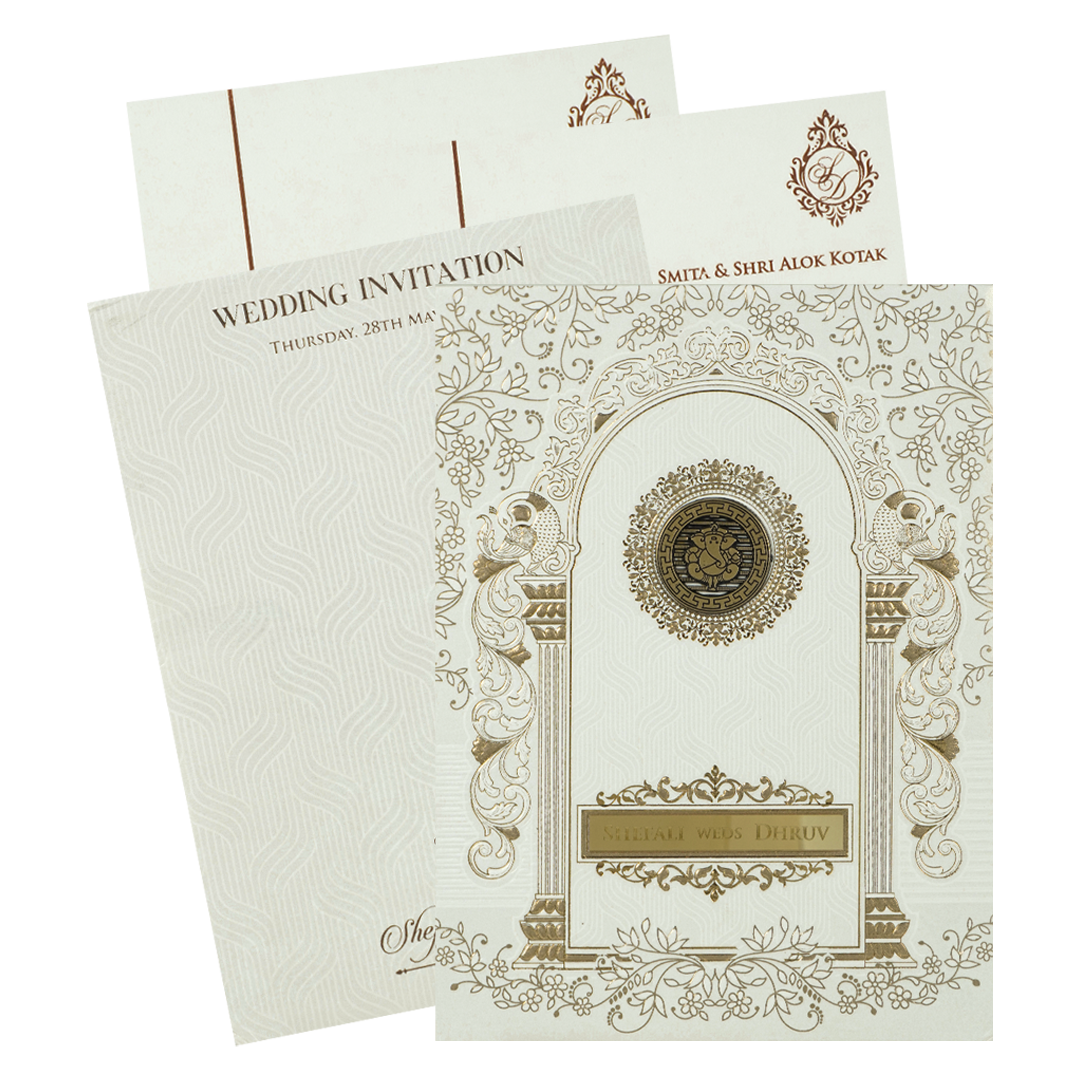 White Embossed Arch Padded Wedding card-KRE28150