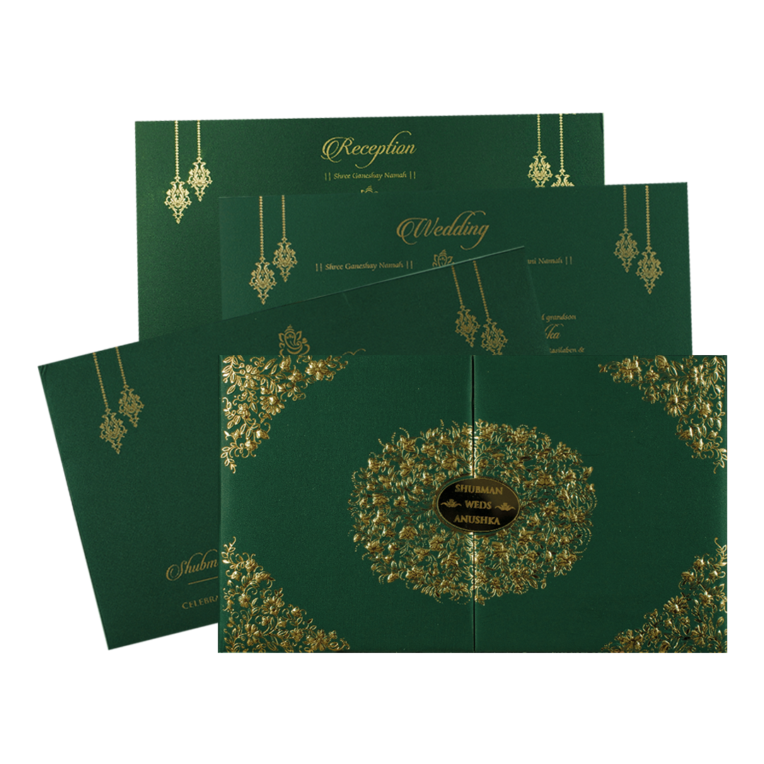 Green Gold Medallion Padded Wedding Card-KRB09330