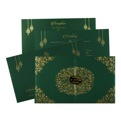 Green Gold Medallion Padded Wedding Card-KRB09330