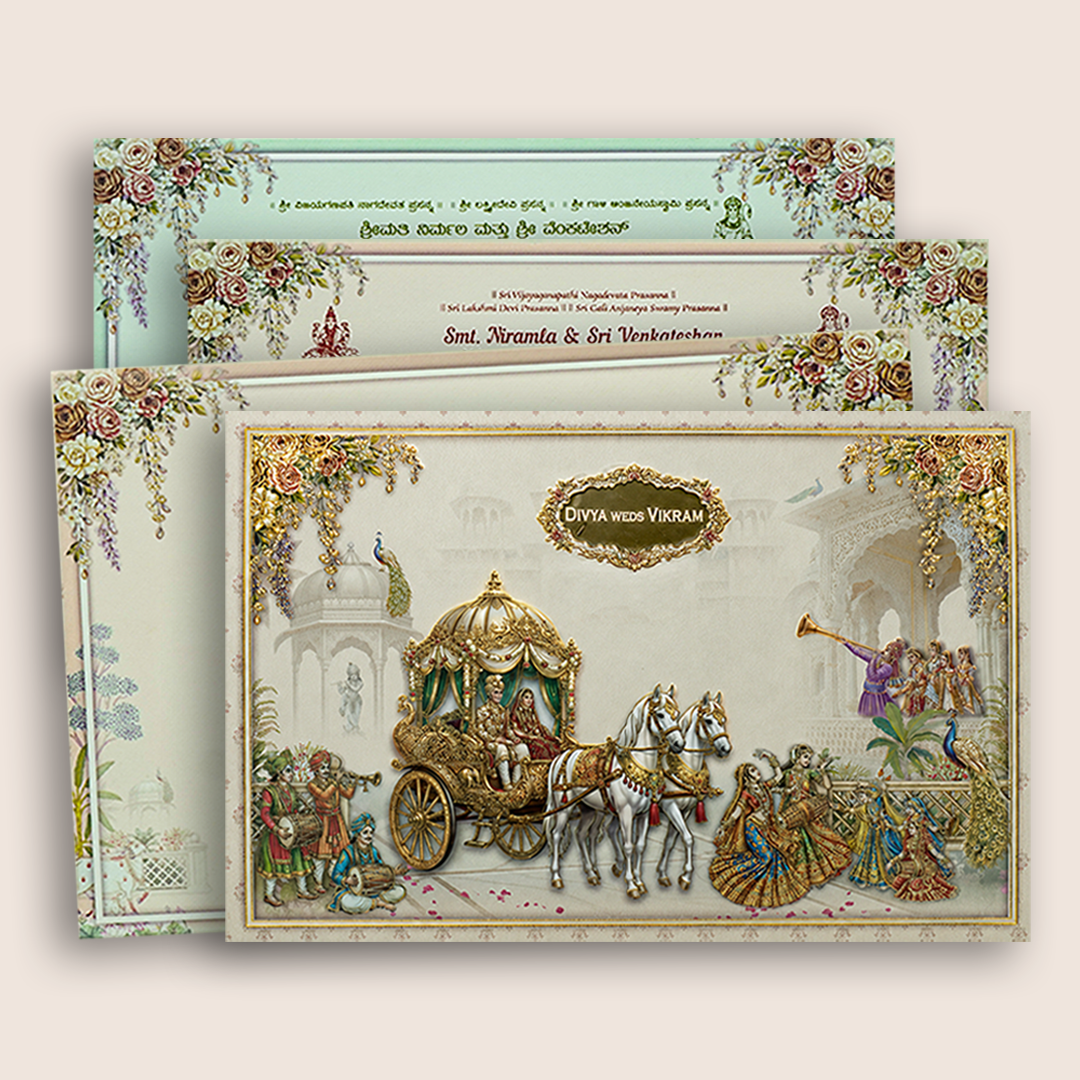 Cream Royal Horse Baraat Wedding Card - KNKT1901C