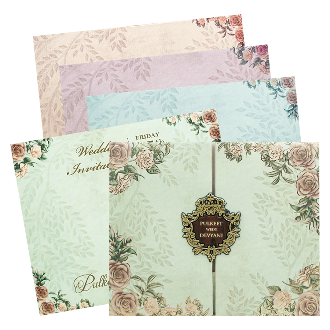 Green Floral Gold Padded Wedding Card-KJTS1770