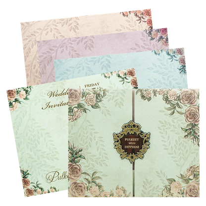Green Floral Gold Padded Wedding Card-KJTS1770