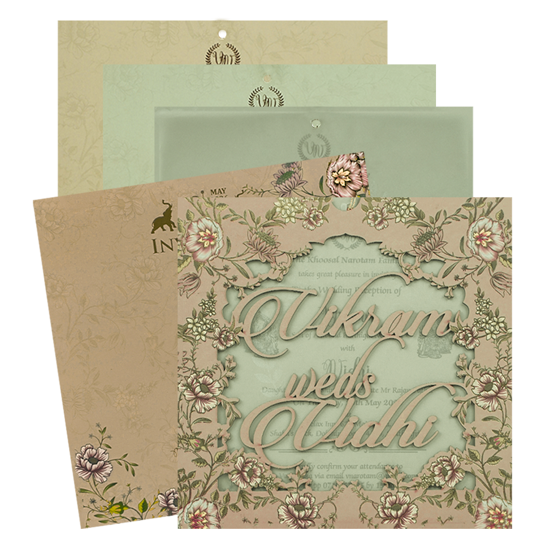 Cream Floral Cutout Script Wedding Card-KRE27300