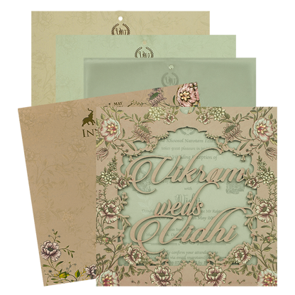 Cream Floral Cutout Script Wedding Card-KRE27300