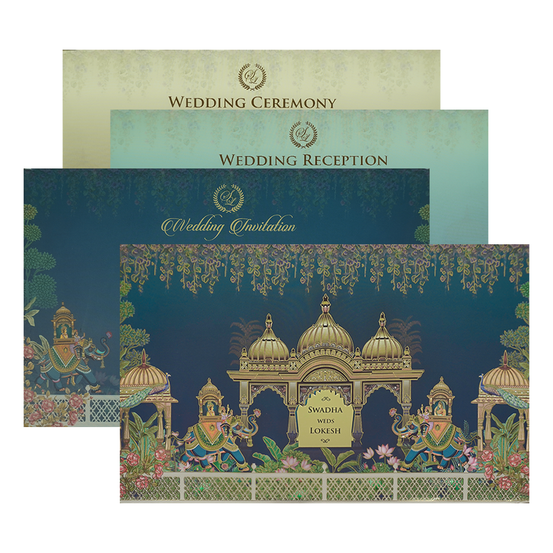 Check out this royal blue padded wedding card at best price.WhatsApp Support |Express Delivery.