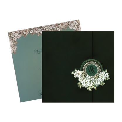 Green Velvet Floral Padded Wedding Card-KSI64200