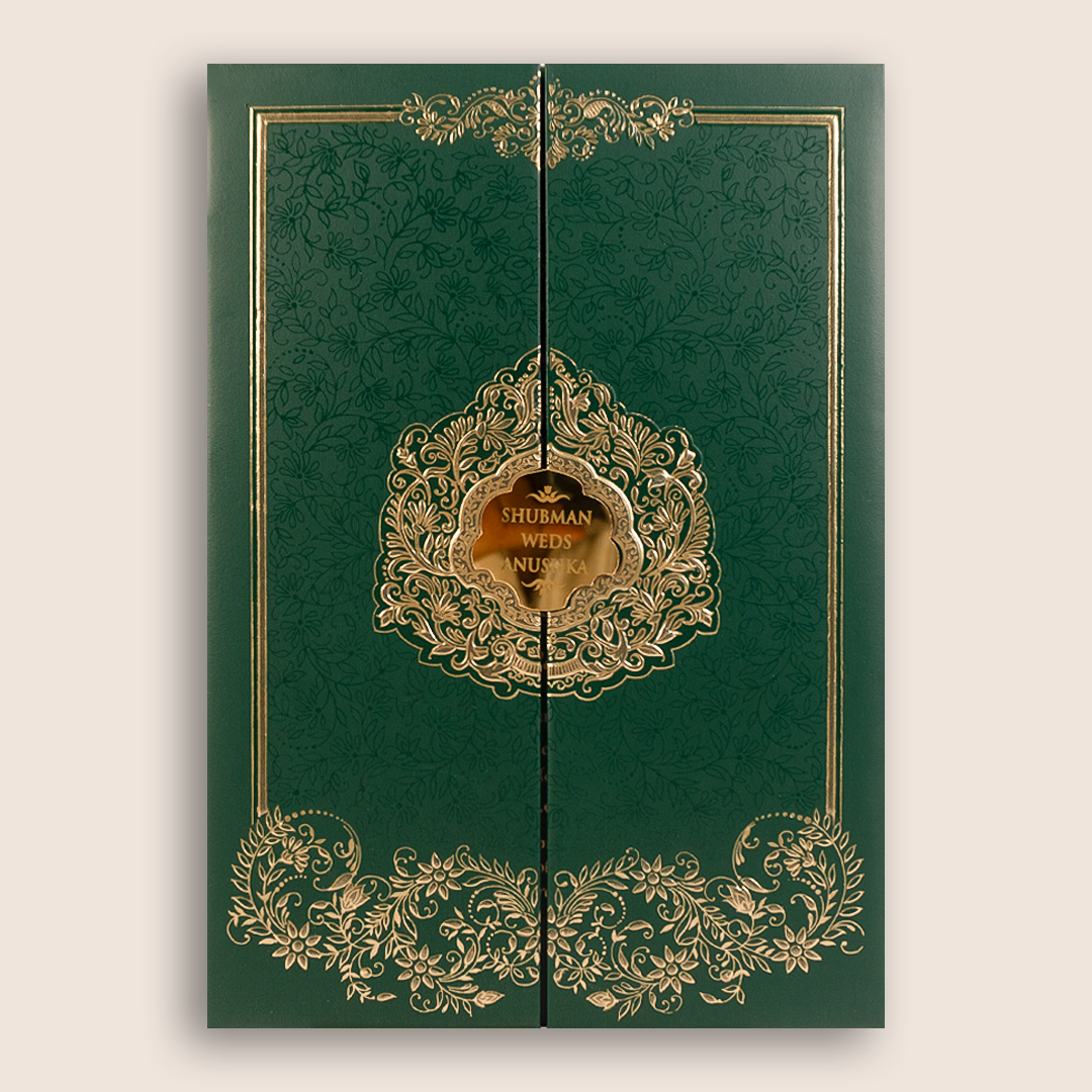 Green Embossed Floral Door Style Padded Wedding Card - KRB10400
